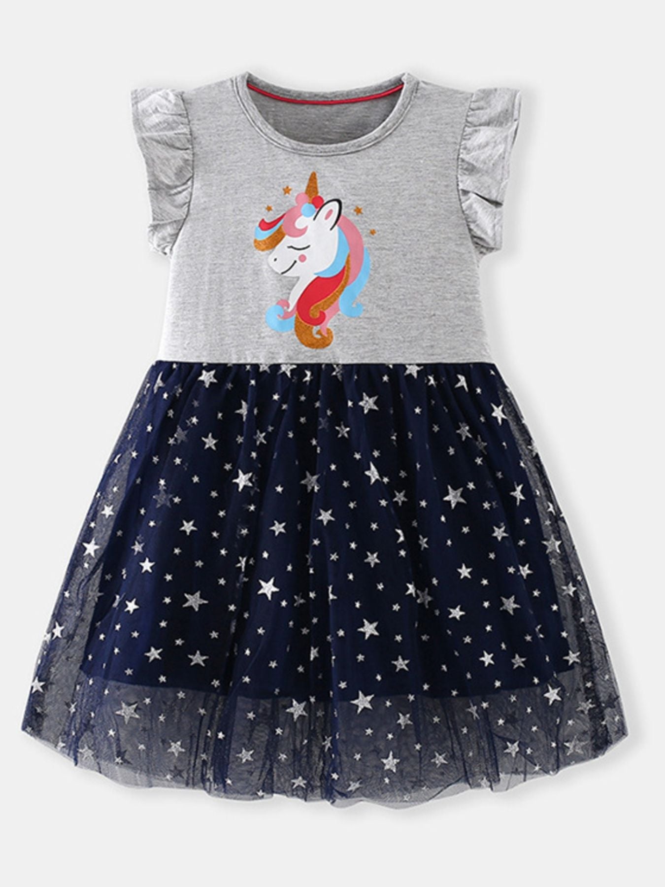 Children's Unicorn Graphic Ruffle Sleeve Tulle Dress