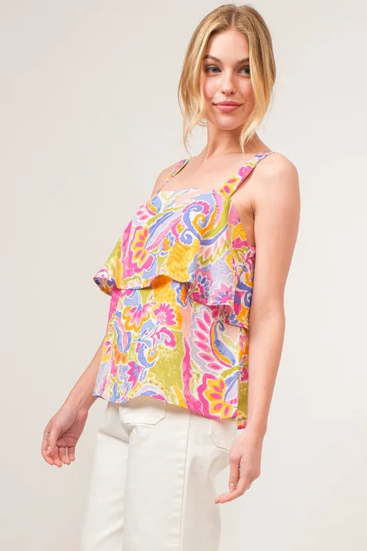 Square Neck Tiered Paisley Print Top