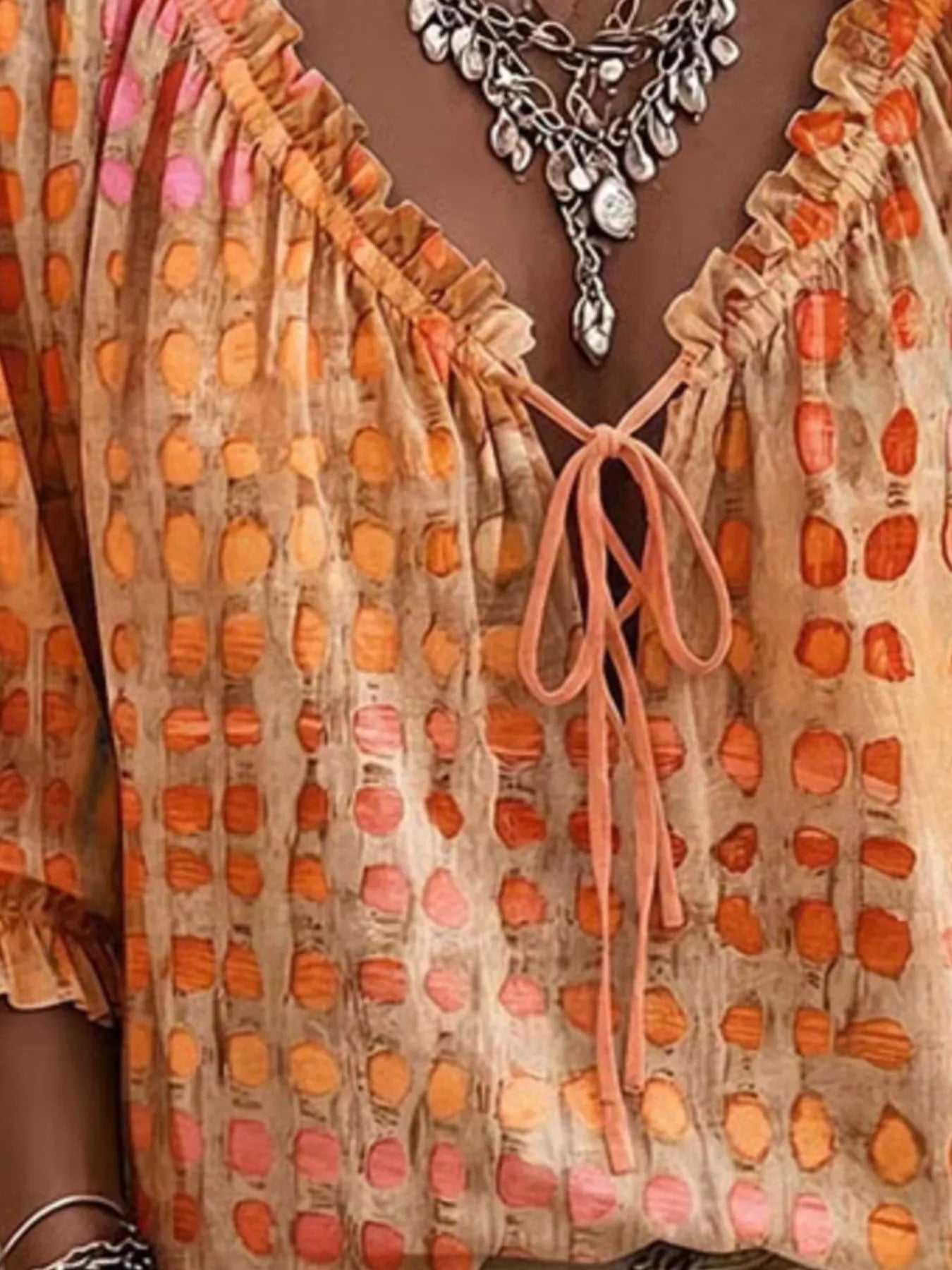 Full Size Tie Neck 3/4 Sleeve Blouse Plus Size