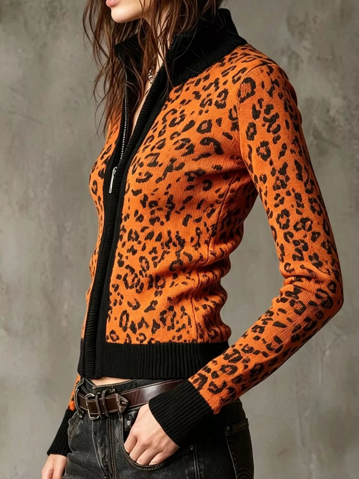Leopard Zip-Up Knit Cardigan