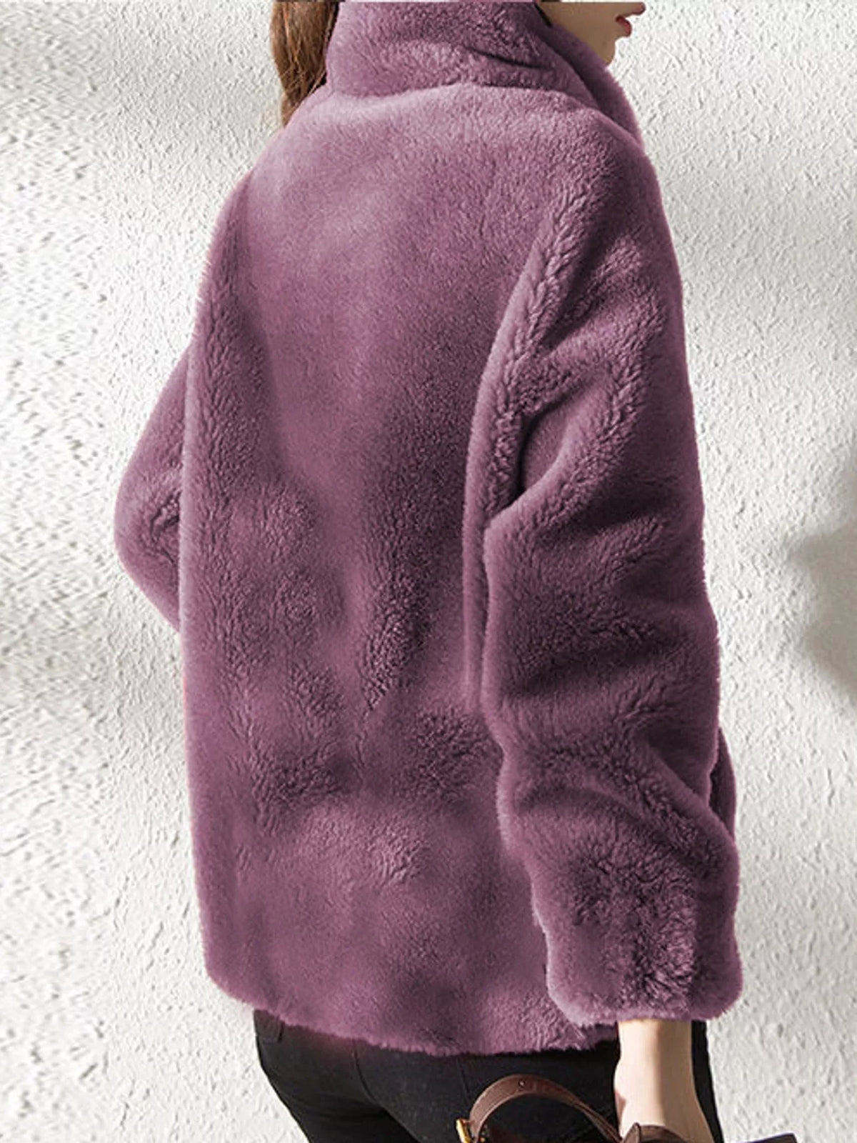 Full Size Drawstring Faux Fur Stand-Collar Zip-Up Outerwear Plus Size