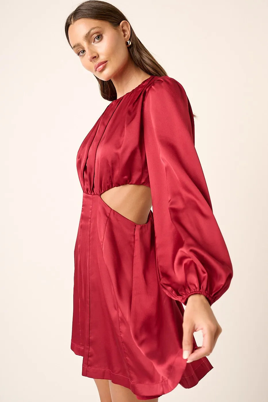 Satin Side Cutout Long Sleeve Mini Dress
