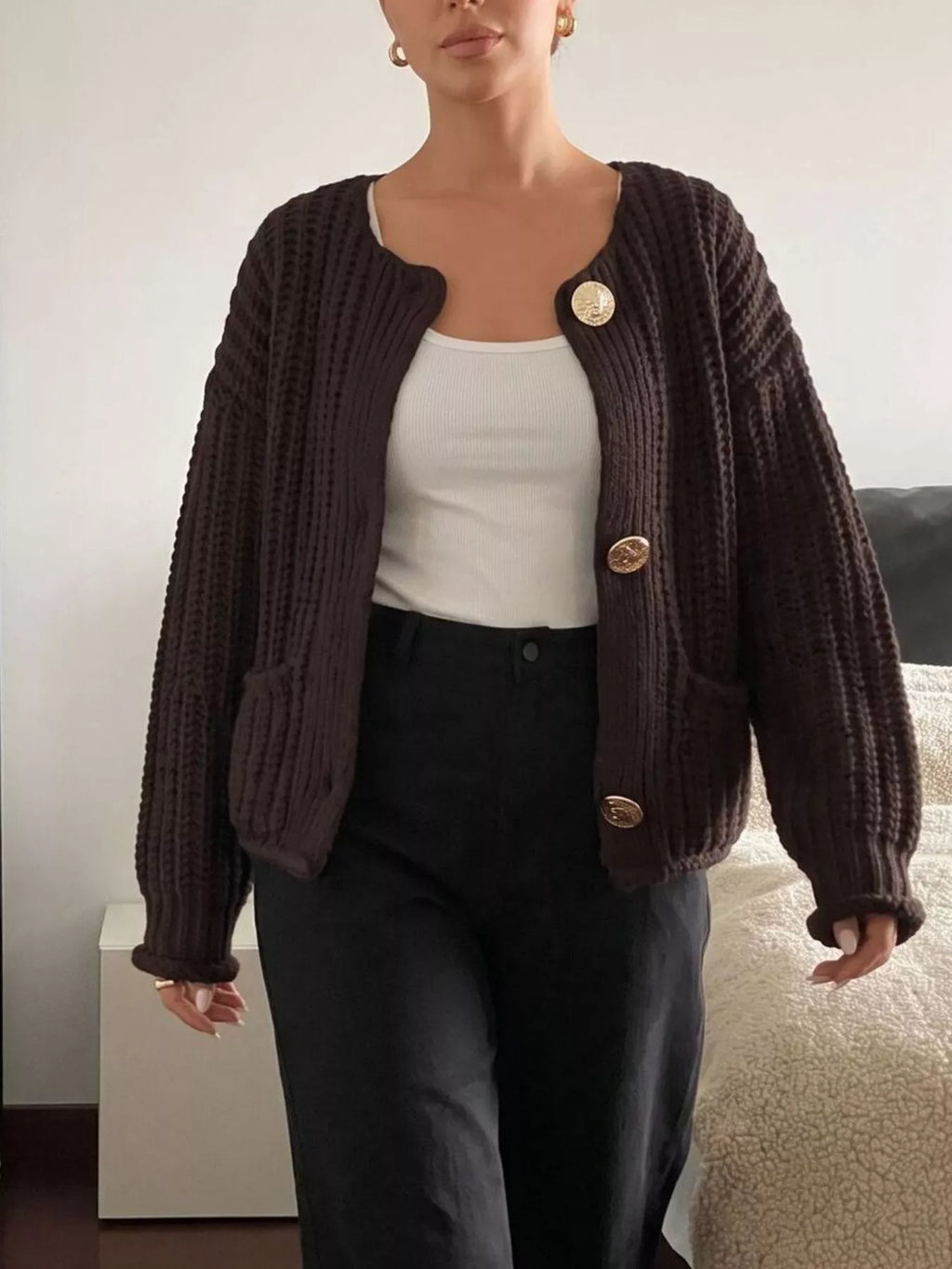 Ribbed Knit Cardigan with Gold-Tone Buttons