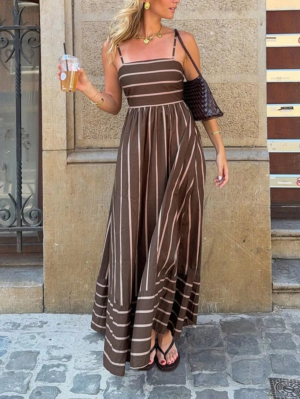 Cutout Back Striped Maxi Dress