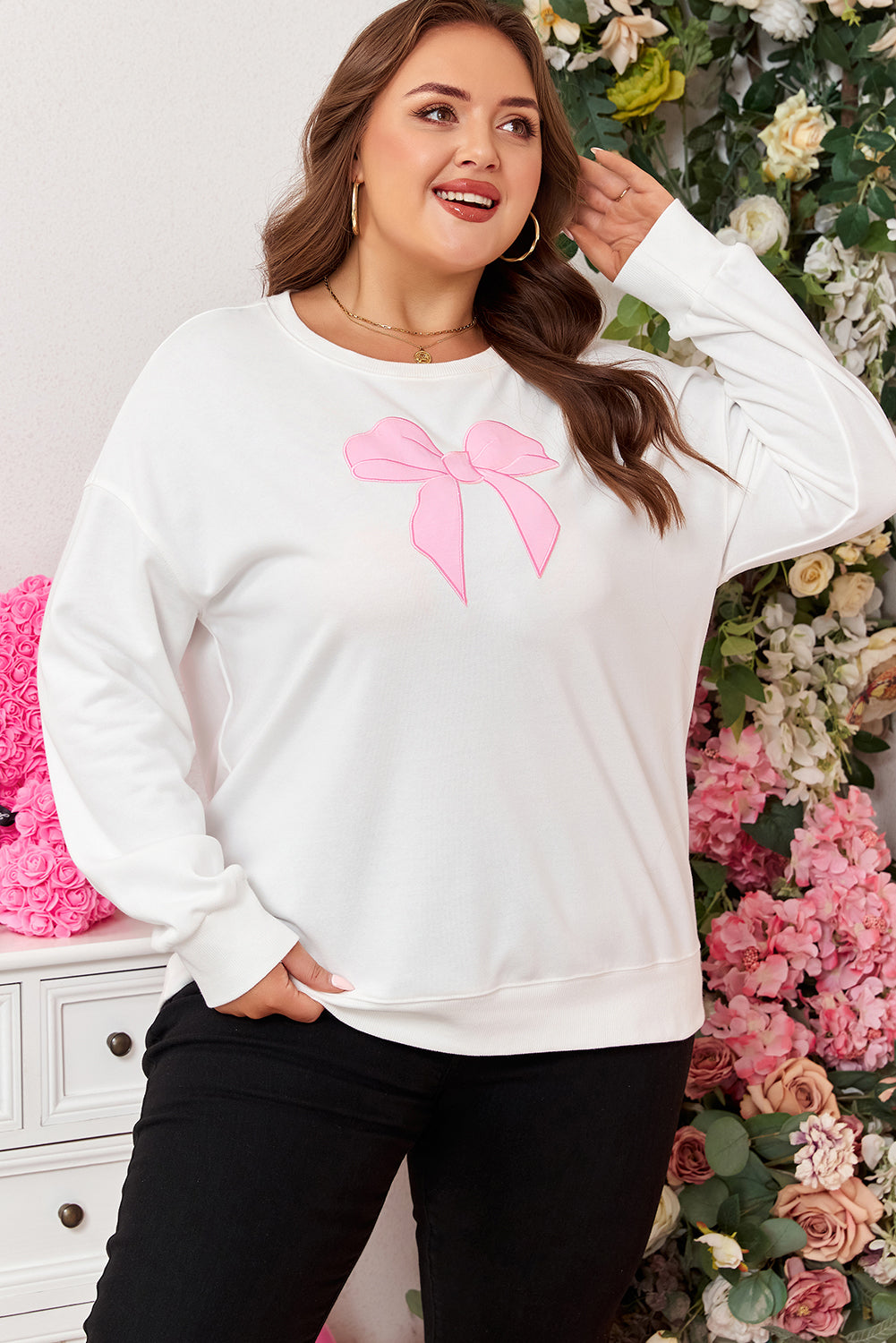 Plus Size Bow Tie Drop Shoulder Sweatshirt