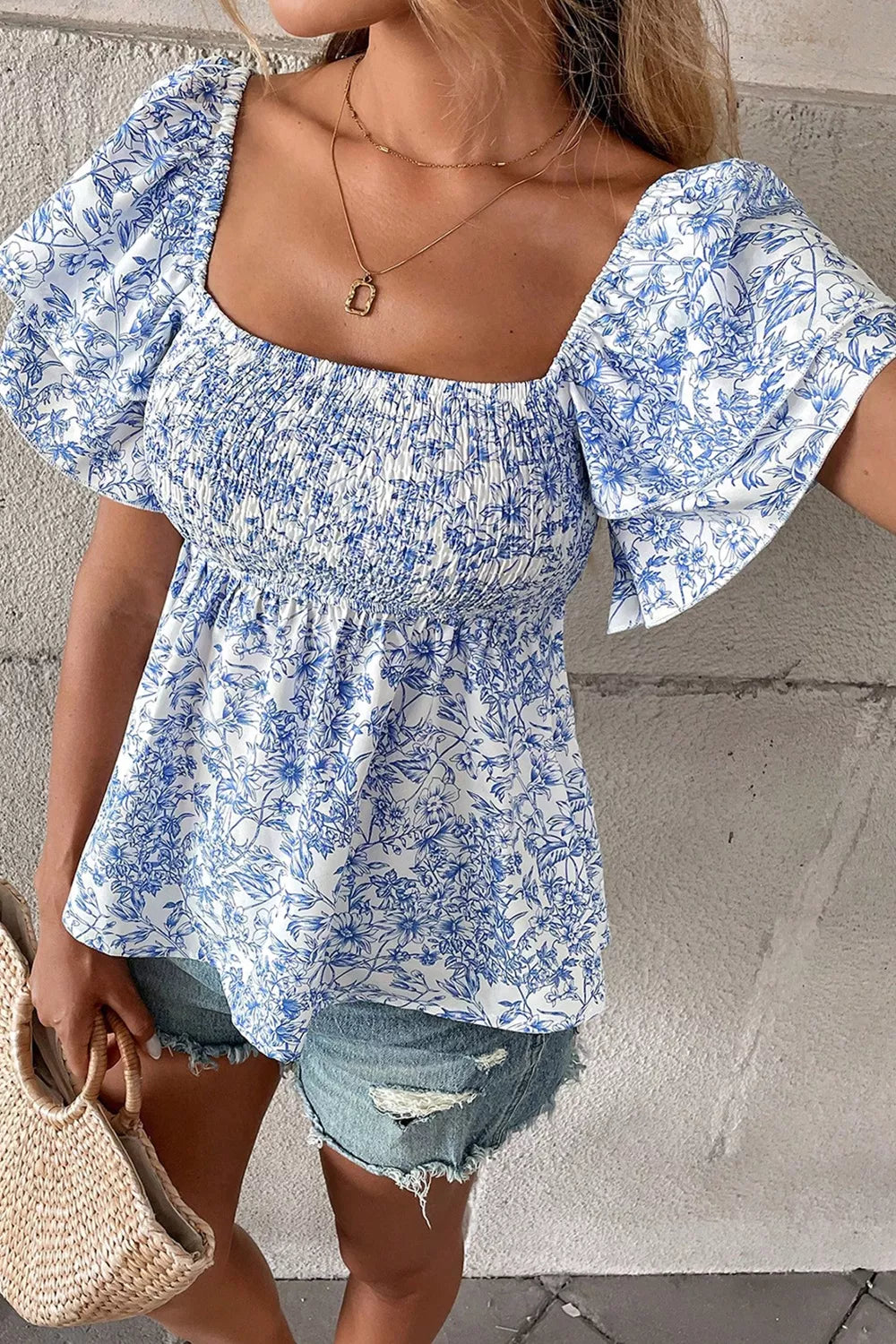 Floral Print Square Neck Ruffled Sleeve Shirred Babydoll Blouse