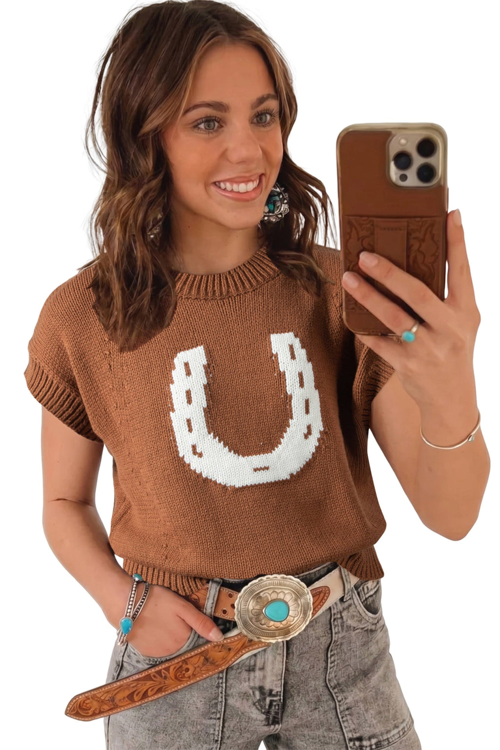 Chestnut Western Horseshoe Pattern Short Sleeve Knit Sweater