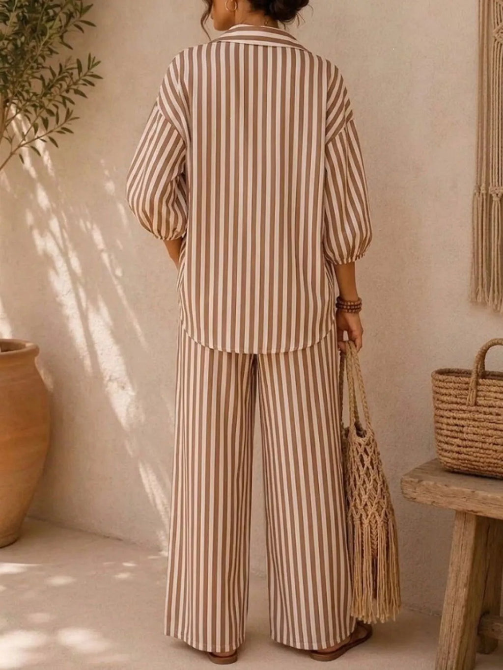 Full Size Striped Relaxed Fit Shirt and Wide-Leg Pants Set Plus Size