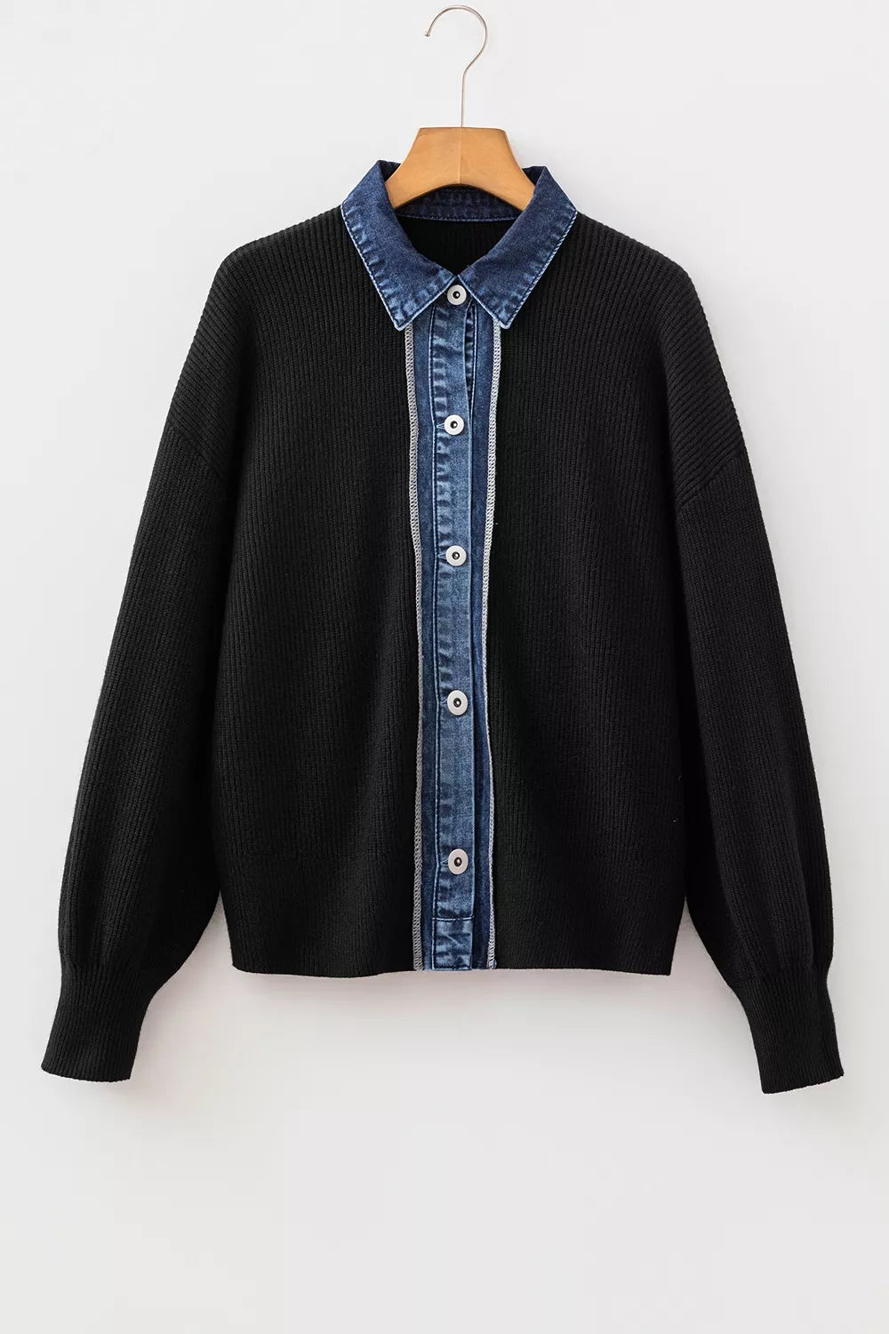 Denim Contrast Placket Long Sleeve Cardigan