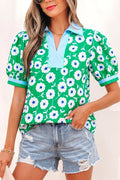 Green Flower Printed Contrast Patchwork Collar Short Sleeve Blouse