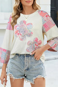 Beige Color Block Retro Floral Patchwork Long Sleeve Top