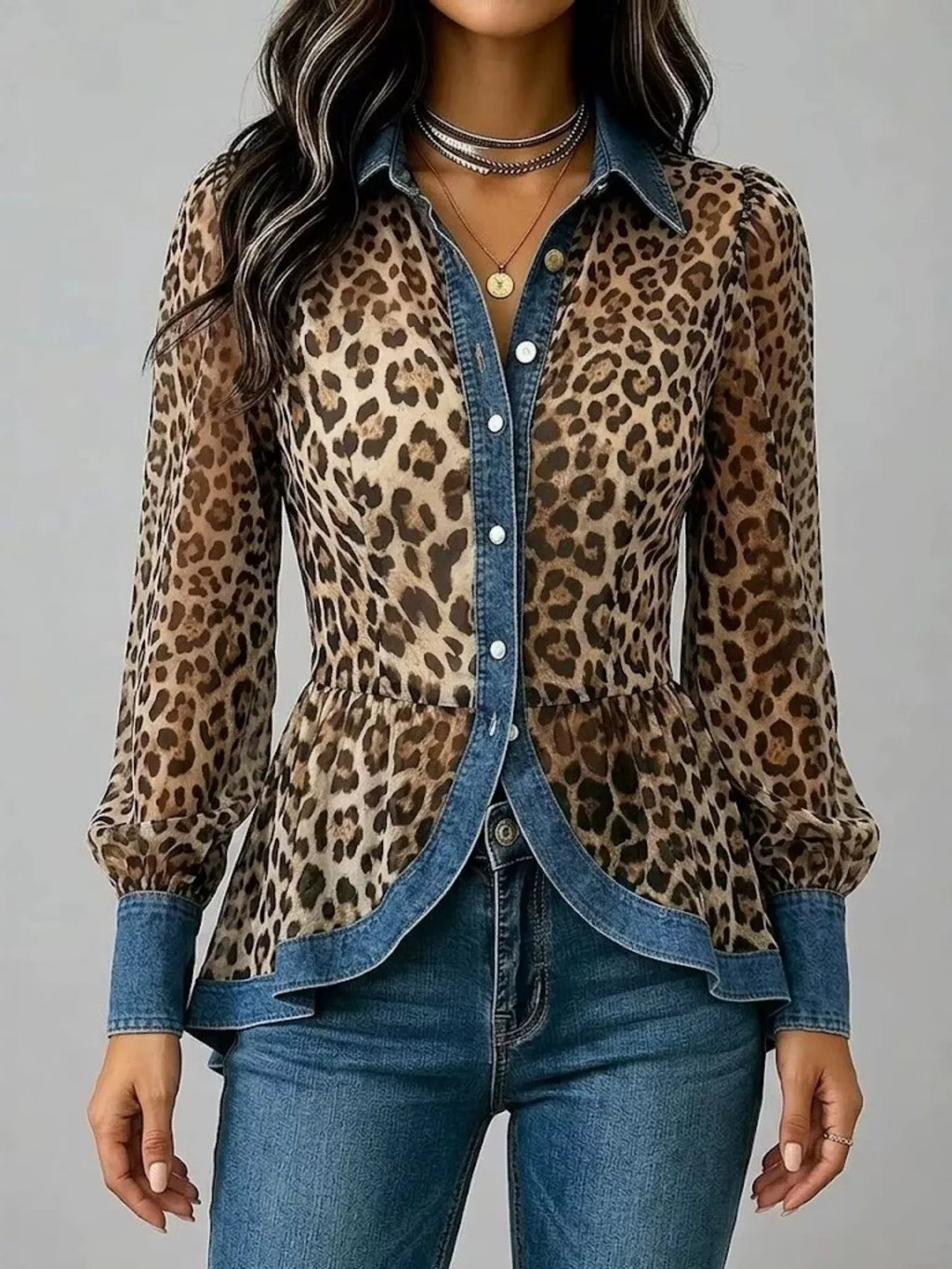Full Size Leopard Print Blouse with Denim Contrast Trim Plus Size