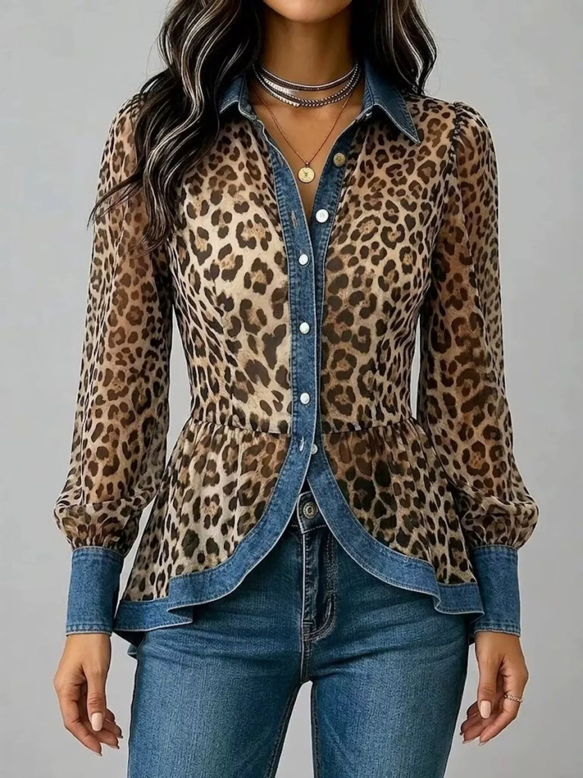 Full Size Leopard Print Blouse with Denim Contrast Trim Plus Size