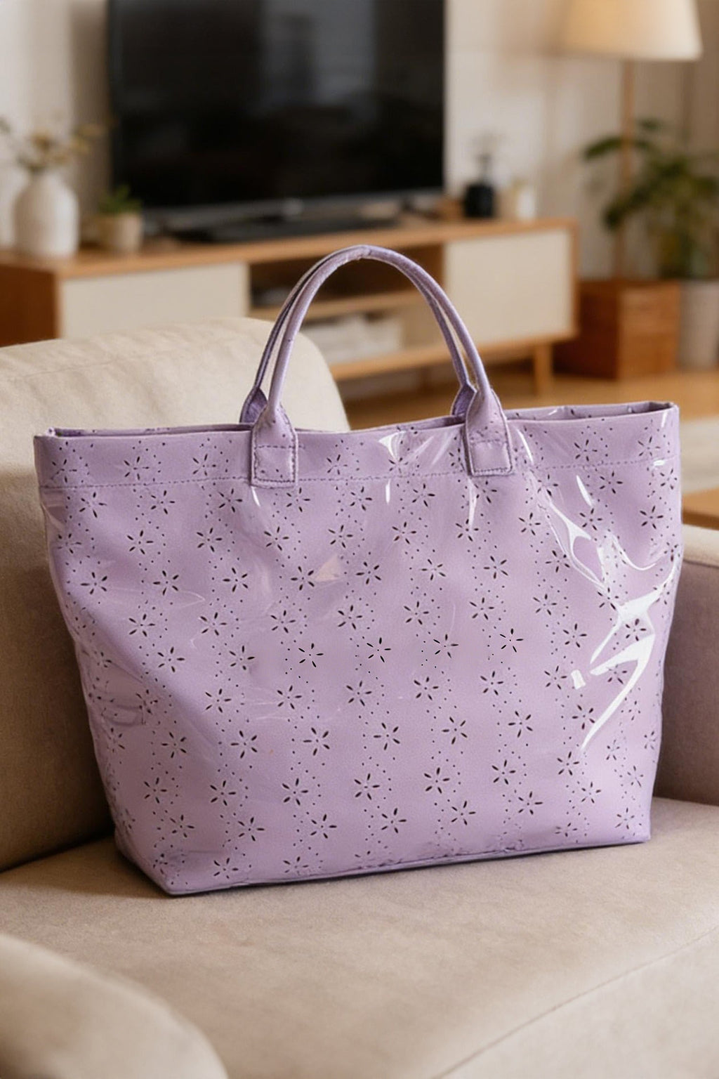 Orchid Eyelet Flower Pattern PVC Glossy Waterproof Tote Bag