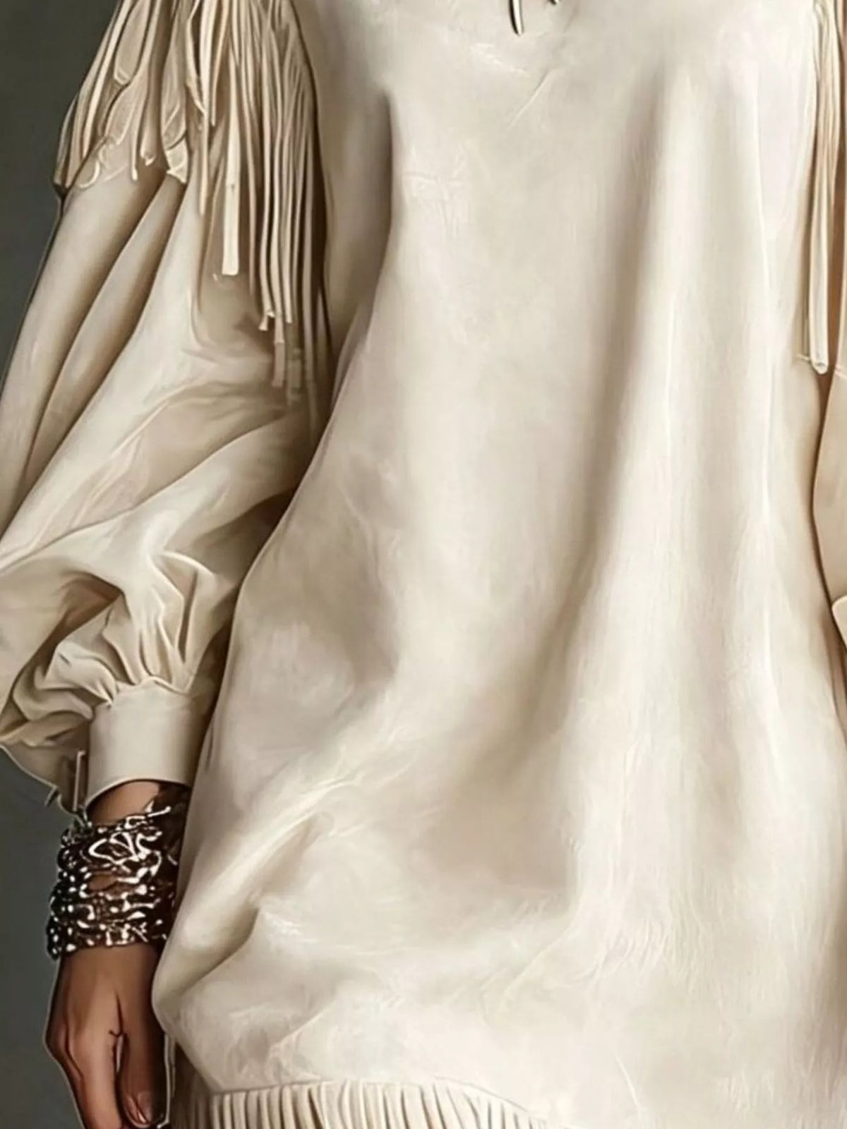 Fringe Detail Lantern Sleeve Mini Dress