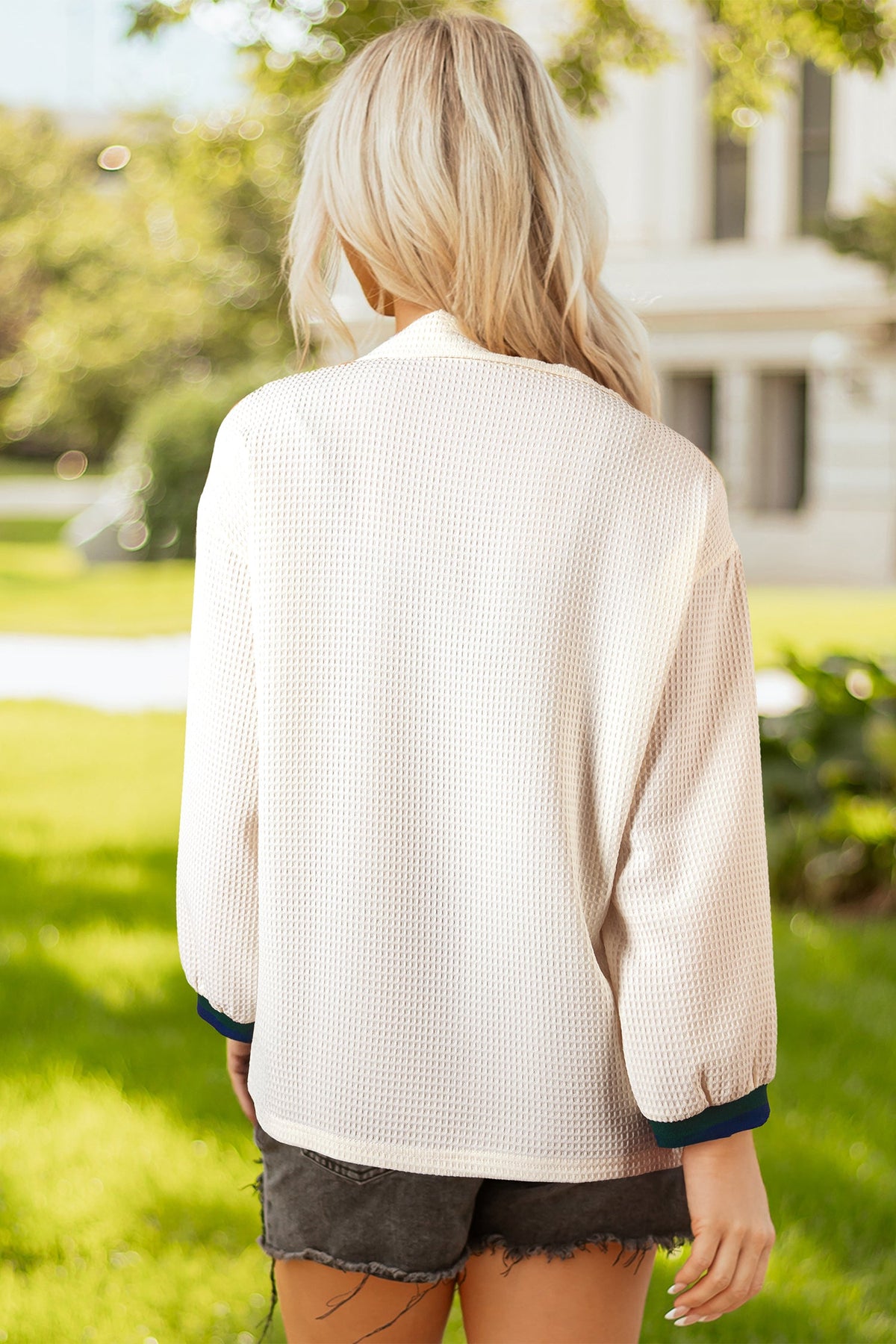 Stripe Contrast Waffle Knit Zip Up Polo Sweatshirt