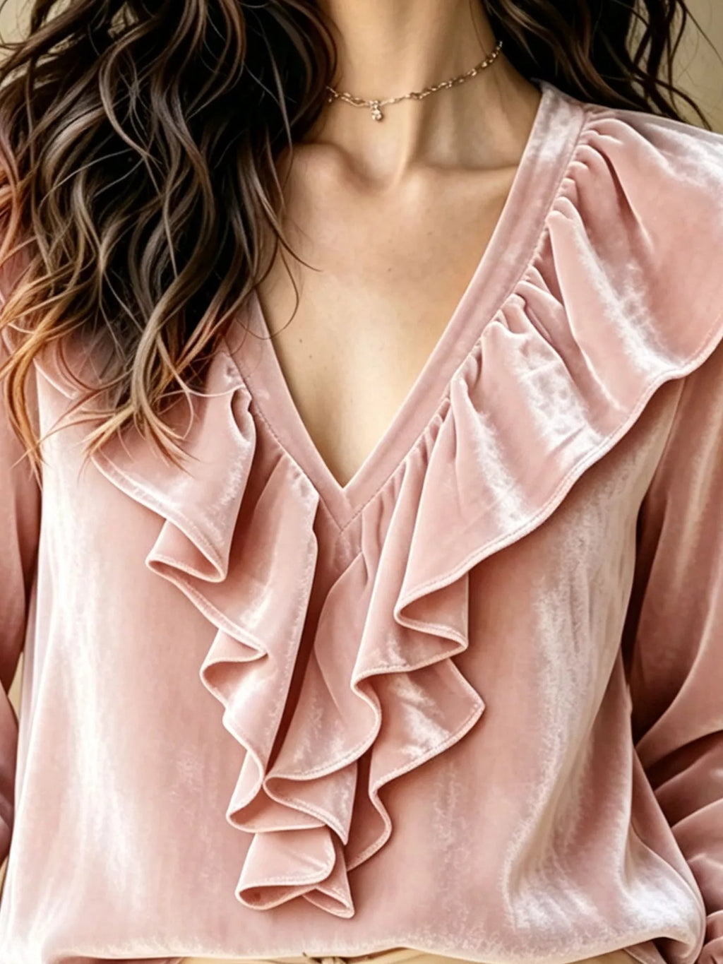 Ruffled V-Neck Long Sleeve Blouse