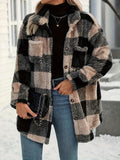 Oversized Plaid Teddy Coat with Button Front and Pockets