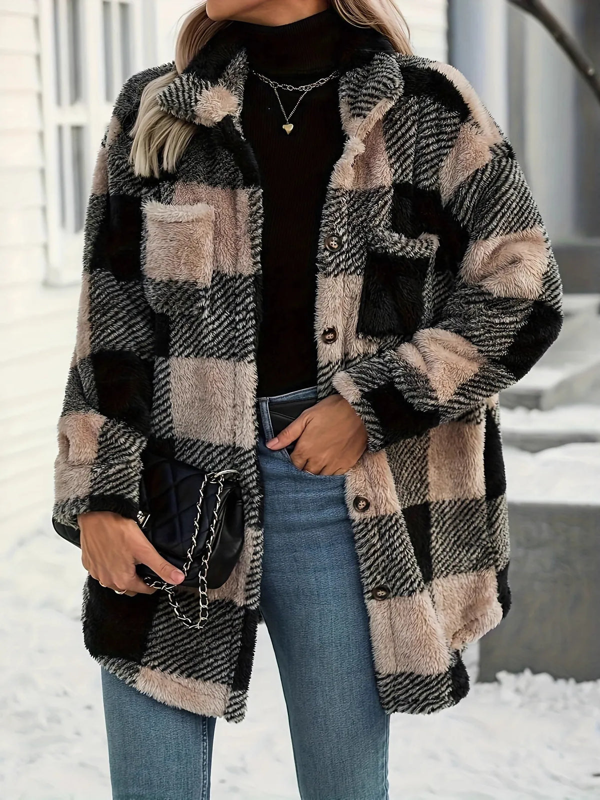 Oversized Plaid Teddy Coat with Button Front and Pockets