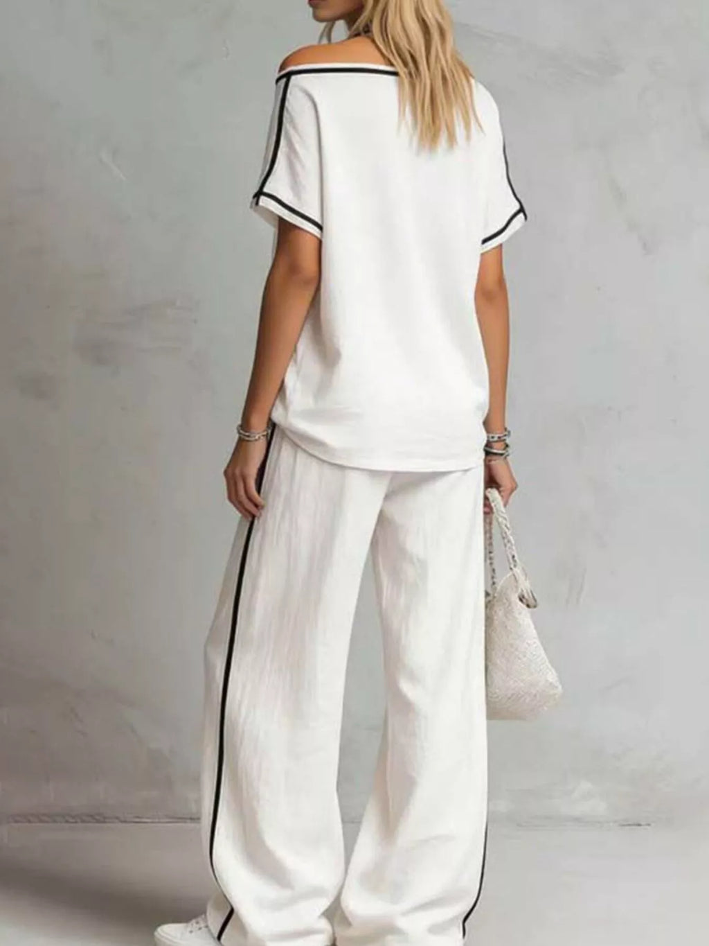 Contrast Trim Round Neck Top and Pants Set