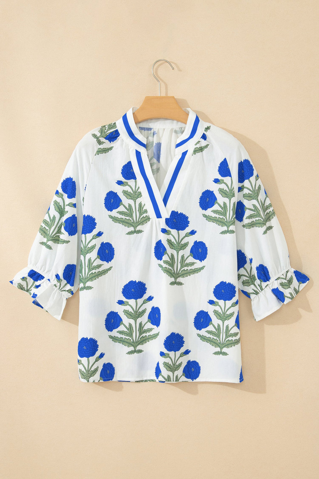 Sky Blue Casual Wild Flower Print V Neck 3/4 Sleeve Blouse