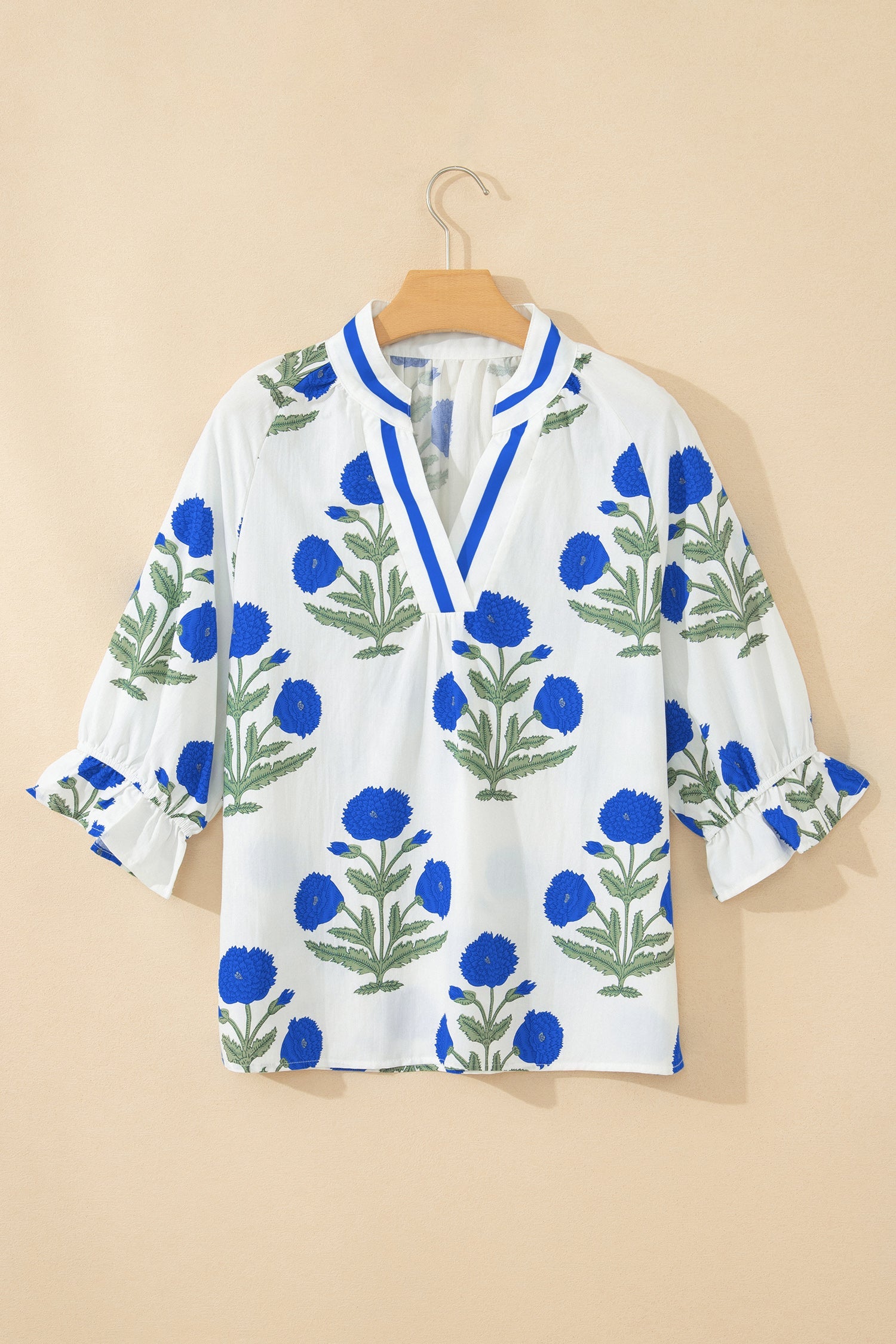 Sky Blue Casual Wild Flower Print V Neck 3/4 Sleeve Blouse