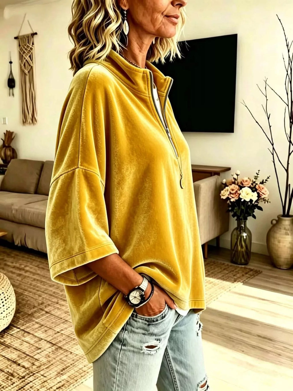 Full Size Velvet Quarter-Zip Sweatshirt Plus Size