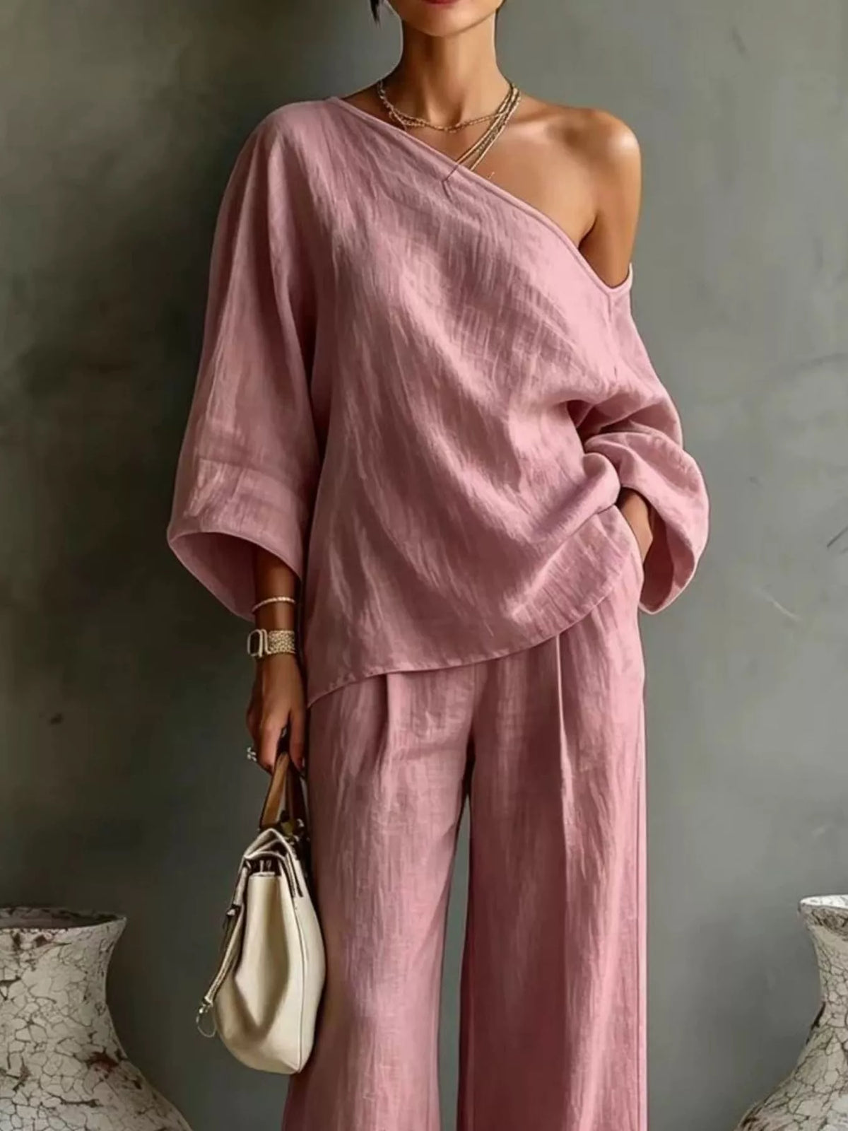 One Shoulder Top and Wide Leg Pants Set