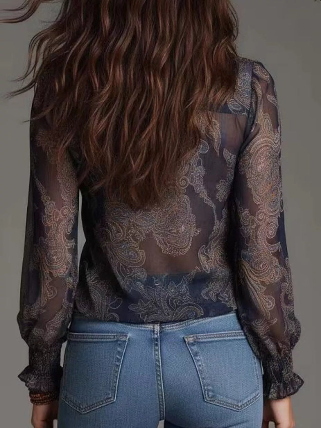 Full Size Paisley Print Ruffle Trim Zip-Front Blouse Plus Size