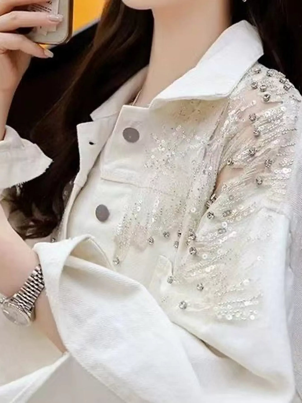Embellished Rhinestone Snowflake Denim Jacket