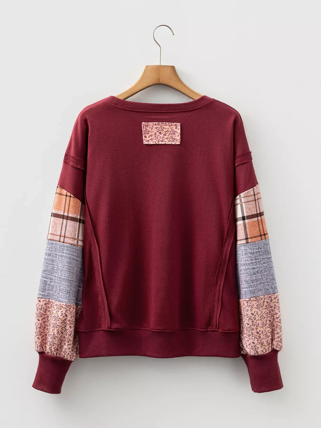 Plaid Colorblock Patchwork Sleeve Raw Seam Sweatshirt