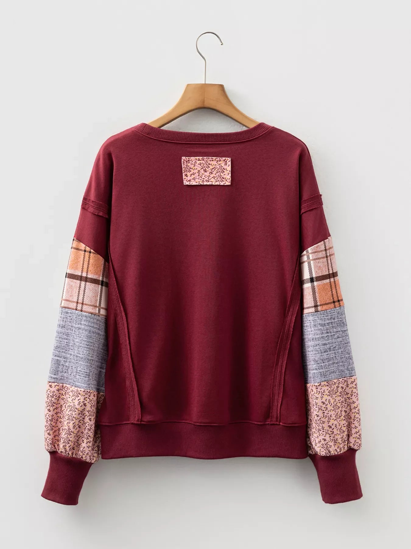 Plaid Colorblock Patchwork Sleeve Raw Seam Sweatshirt