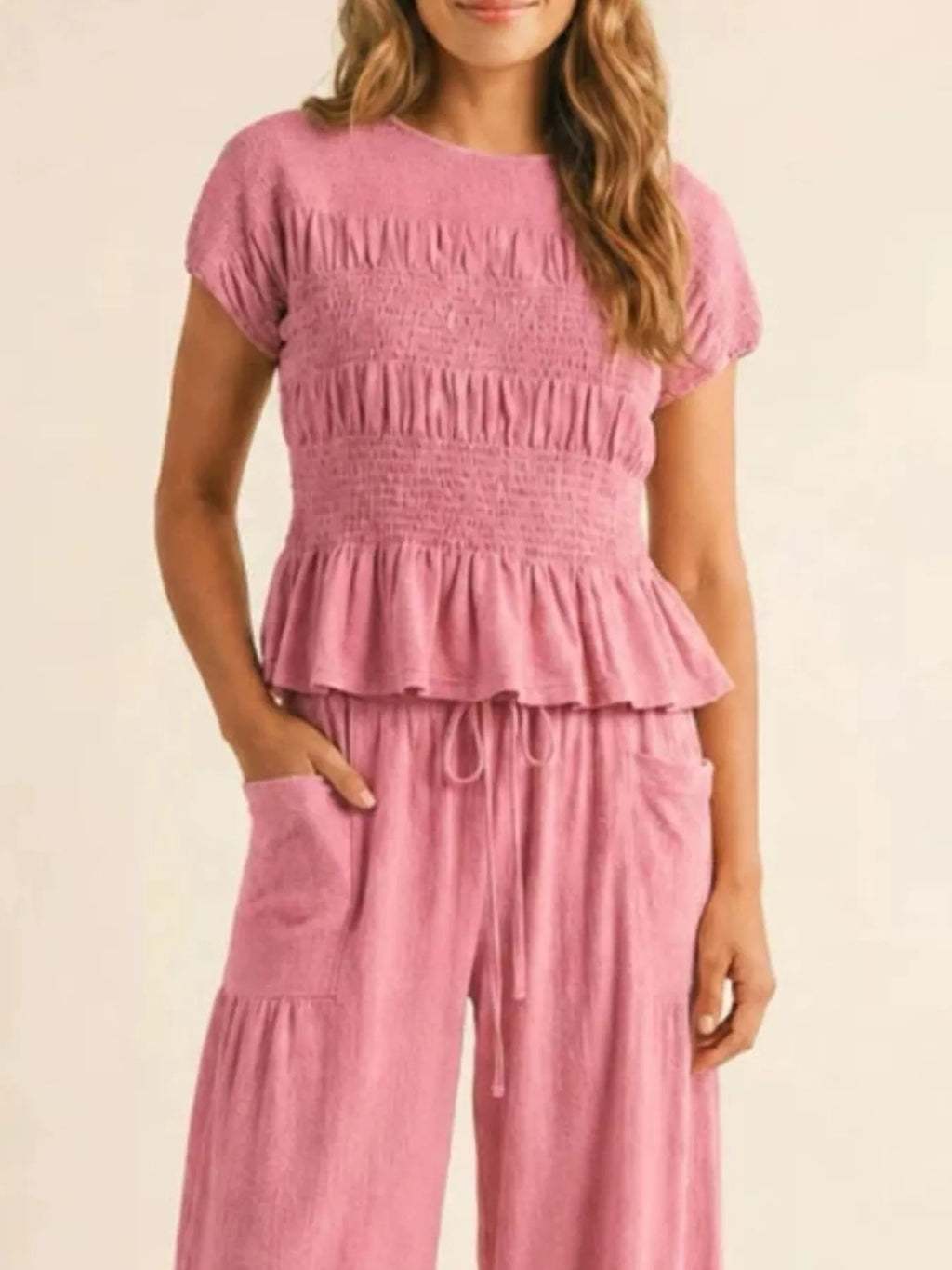 Smocked Peplum Top and Wide-Leg Pants Set