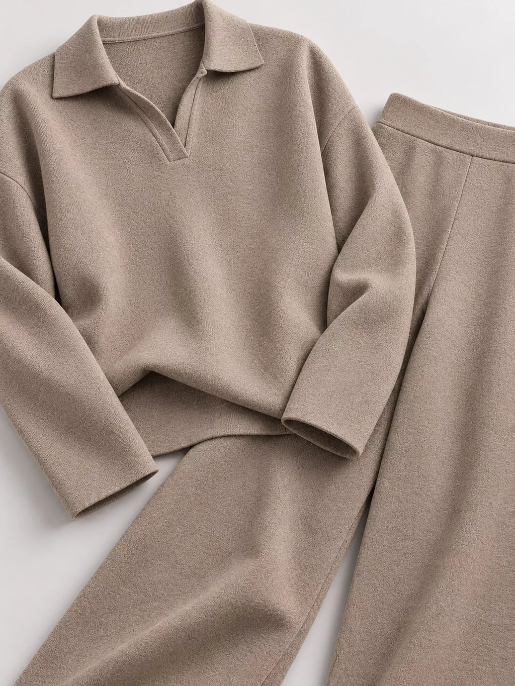 Polo Collar Top and Wide-Leg Pants Set