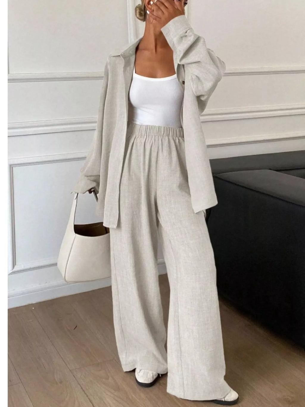 Button Up Long Sleeve Shirt and Wide Leg Pants Set