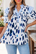 Beige Abstract Animal Print Striped Ruffle Trim V Neck Blouse