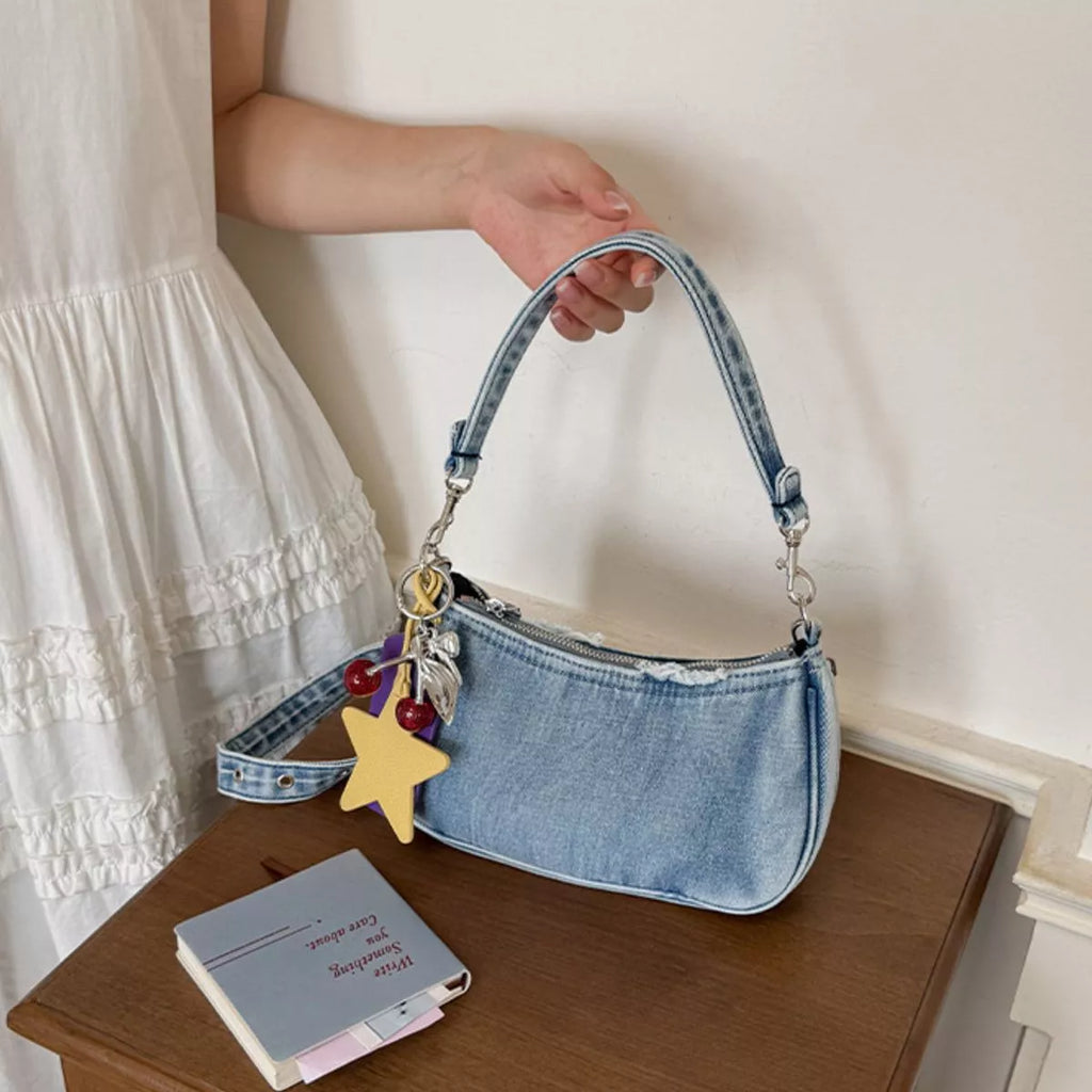 Star Charm Denim Shoulder Bag