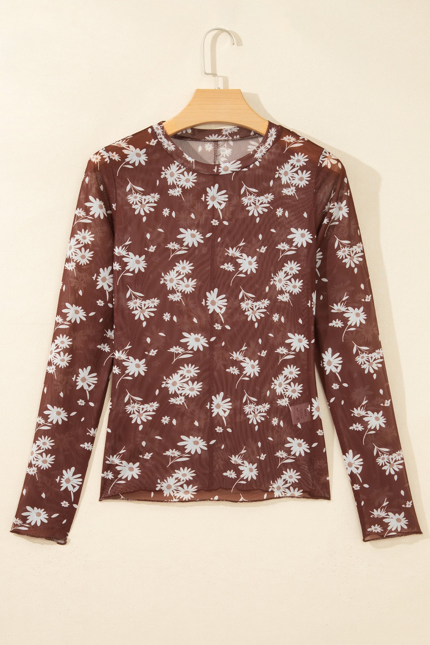 Brown Floral Print Sheer Mesh Long Sleeve Top