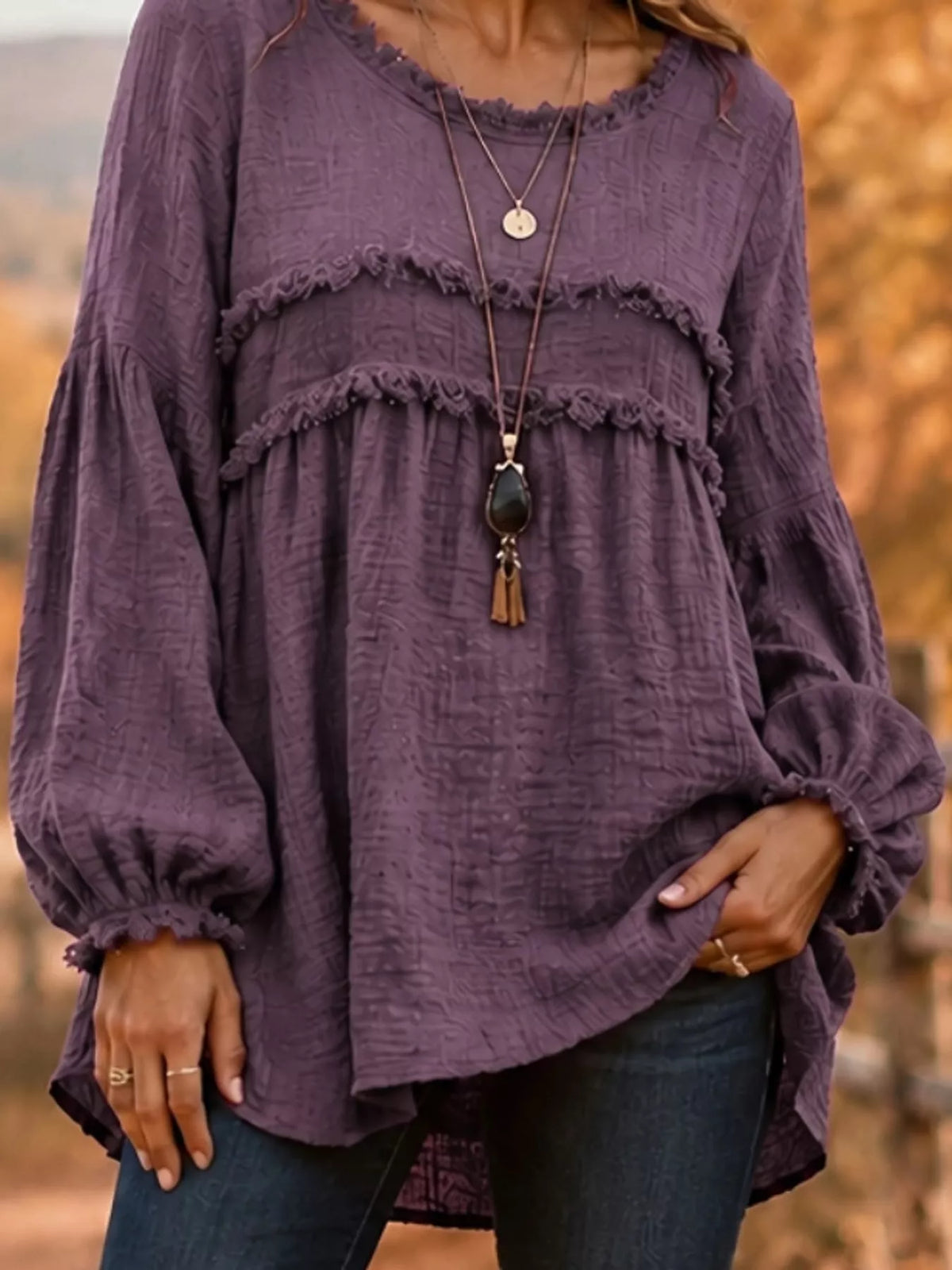 Full Size Boho Chic Textured Frayed Trim Peplum Blouse Plus Size
