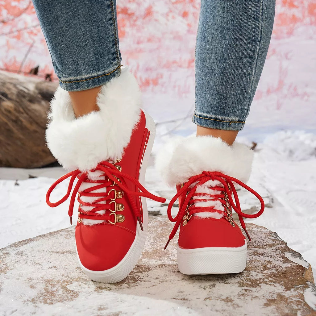 Fuzzy Trim Lace-Up Ankle Boots