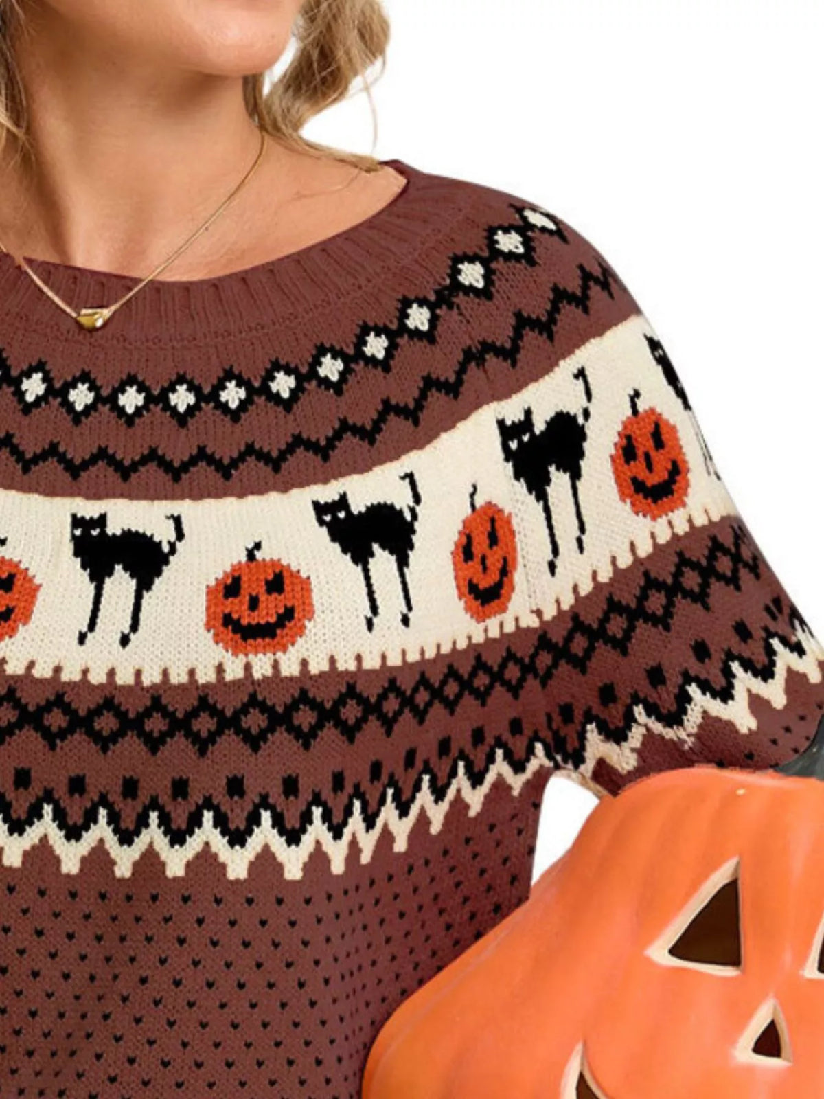 Halloween Pumpkin and Cat Pattern Knit Round Neck Sweater