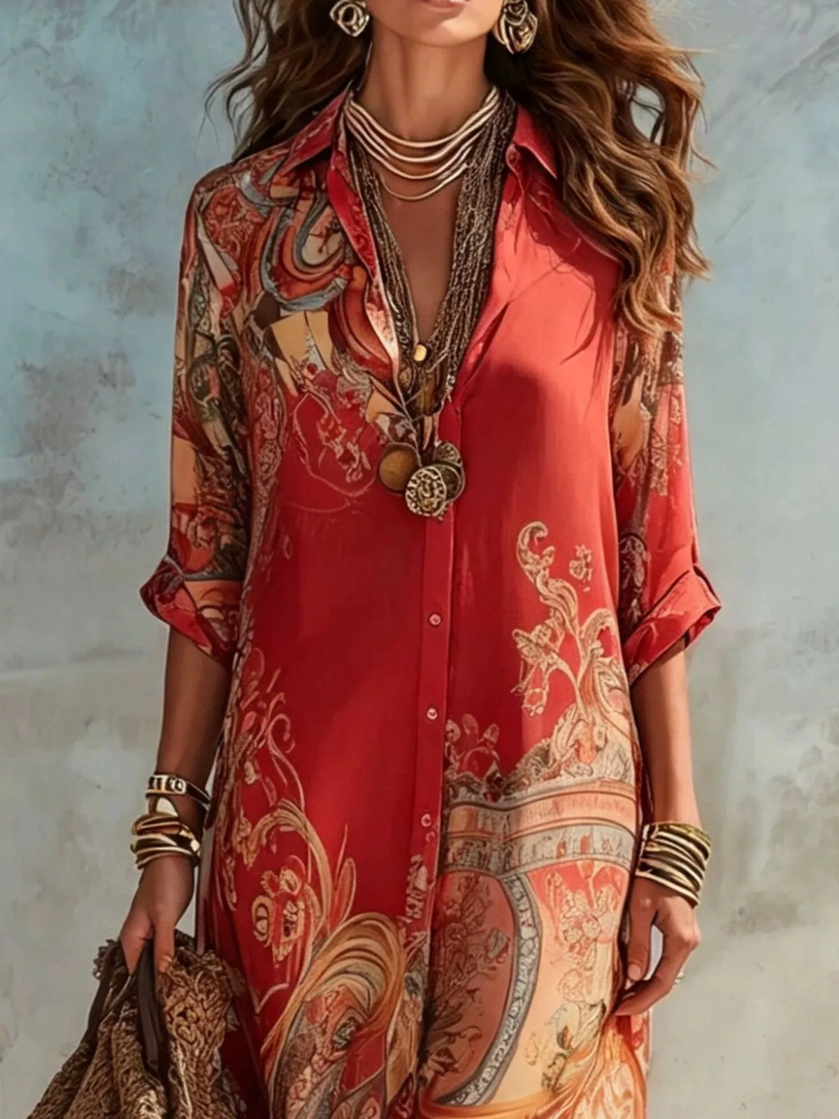 Full Size Printed Button-Down Maxi Shirt Dress Plus Size