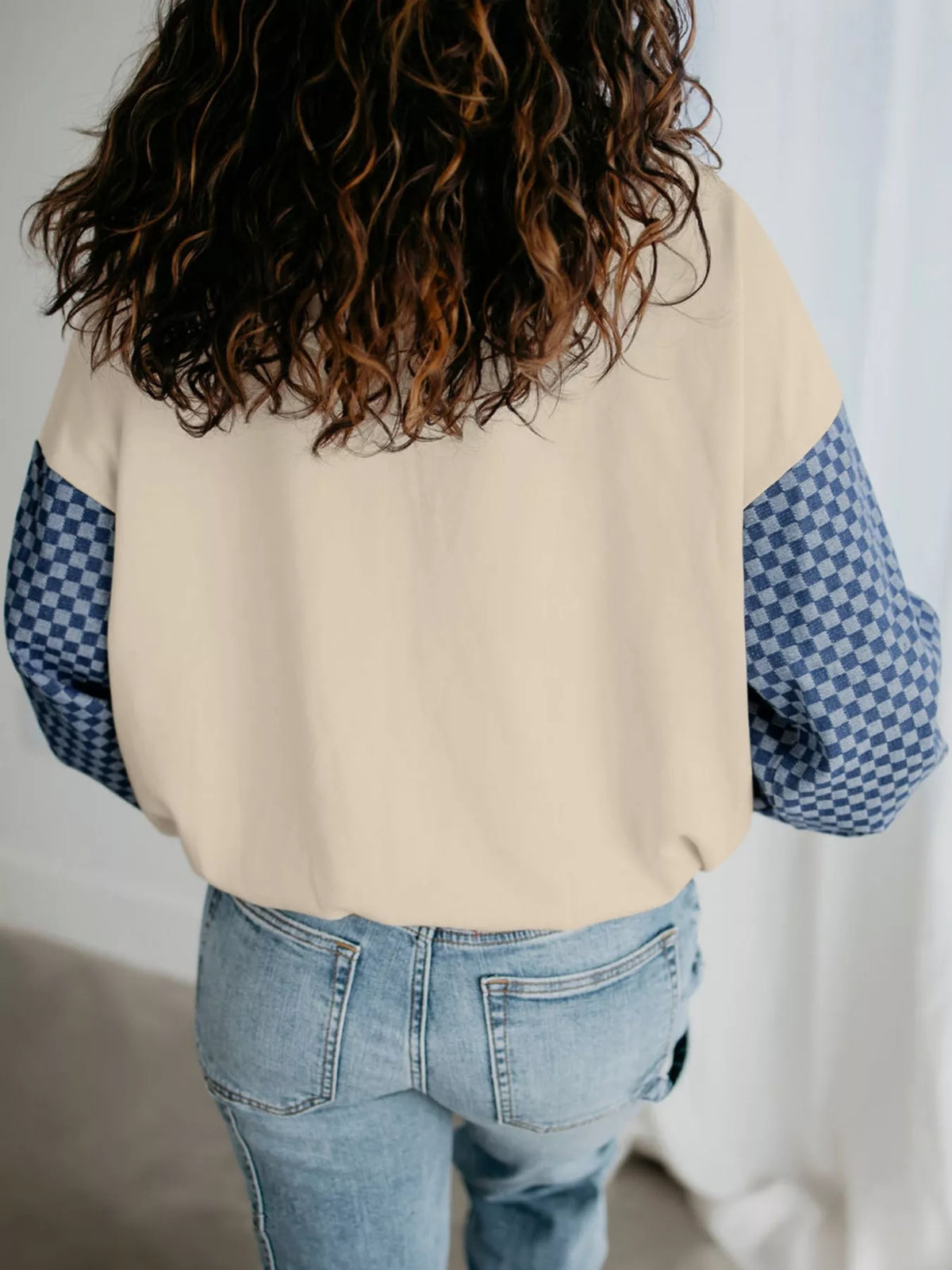 Checkered Color Block Half Zip Sweatshirt – Beige