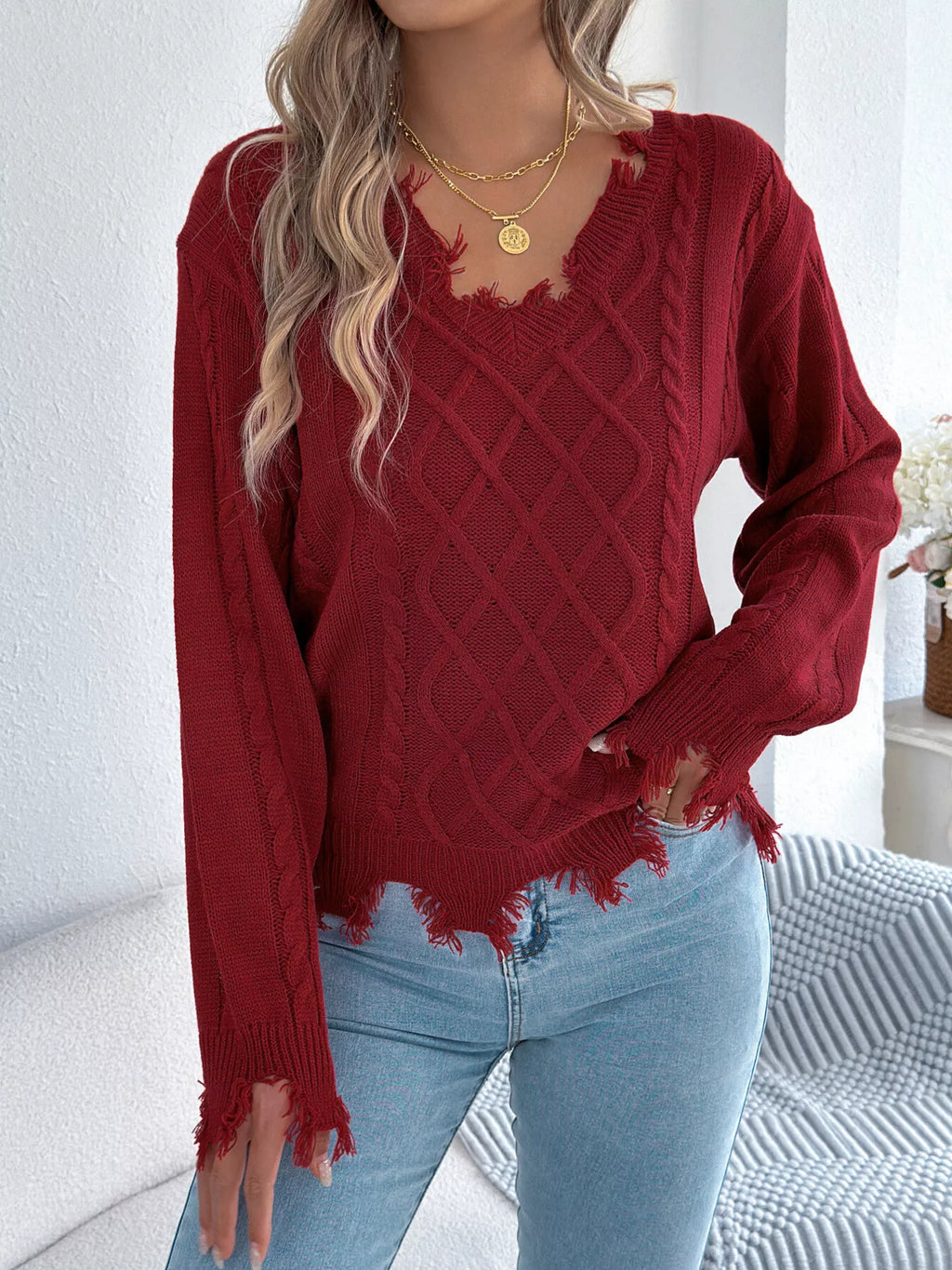 V-Neck Distressed Hem Cable Knit Sweater