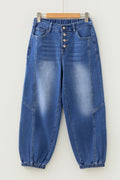 Denim Buttoned Fly Tapered Barrel Leg Jeans