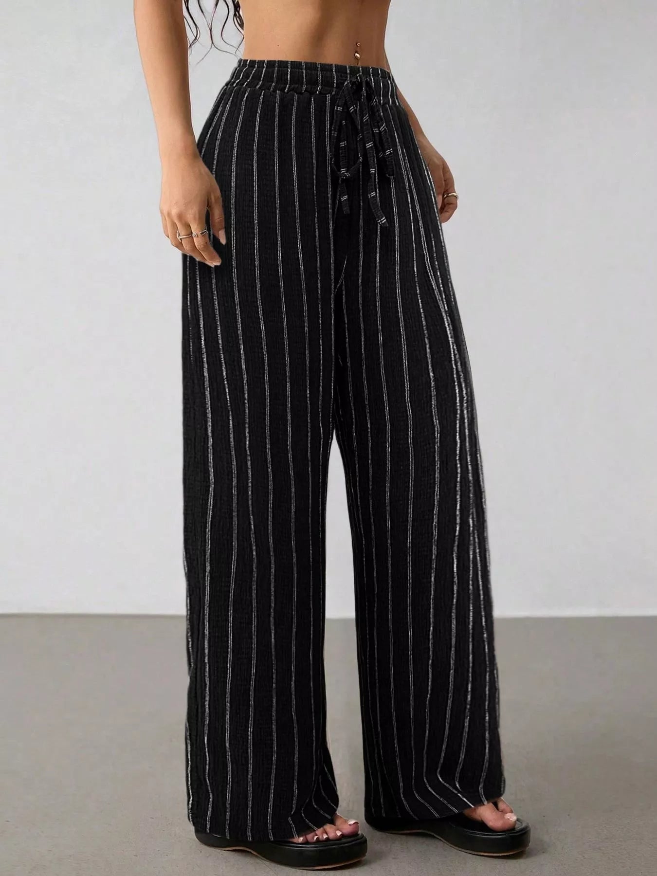 Striped Wide-Leg Drawstring Pants