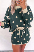 Polka Dot Print Color Block Trim Baggy Pullover Drawstring Skirt 2pcs Set