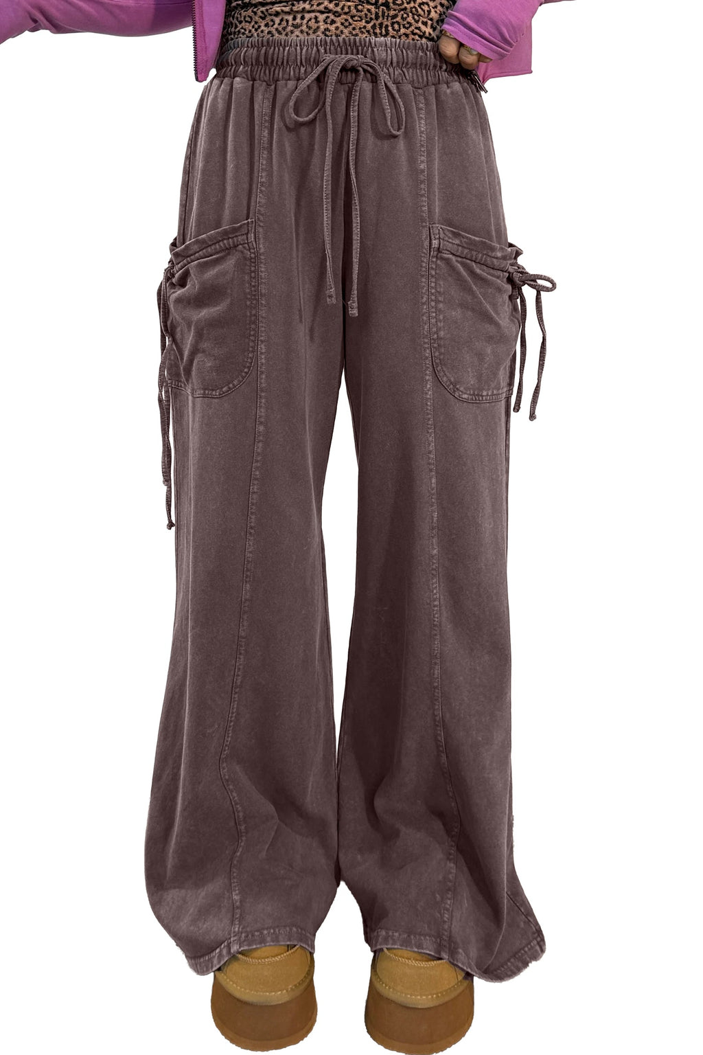 Dark Brown Cotton Mineral Wash Elastic Waist Drawstring Tie Detail Cargo Pants