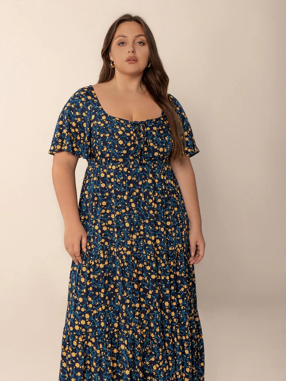 Printed Short Sleeve Slit Tiered Maxi Dress