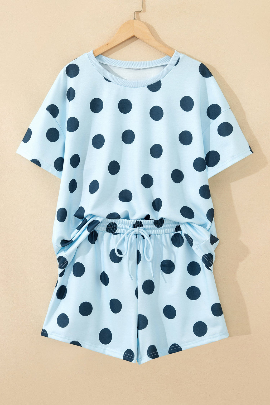 Sky Blue Polka Dot Print Loose Tee Drawstring Elastic Waist Short Set
